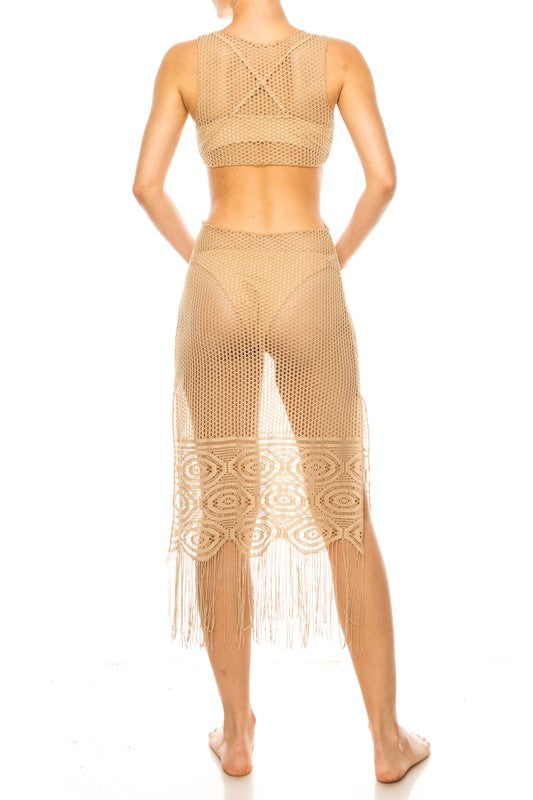 Crochet Cut Out Midi Swim Cover with Fringe Detail