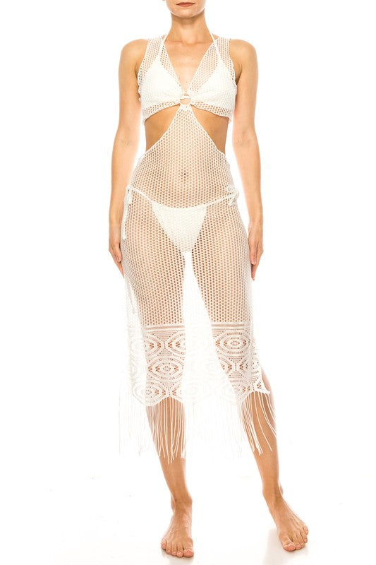 Crochet Cut Out Midi Swim Cover with Fringe Detail