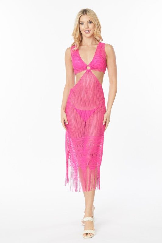 Crochet Cut Out Midi Swim Cover with Fringe Detail