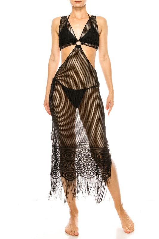 Crochet Cut Out Midi Swim Cover with Fringe Detail