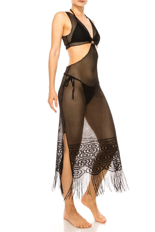 Crochet Cut Out Midi Swim Cover with Fringe Detail