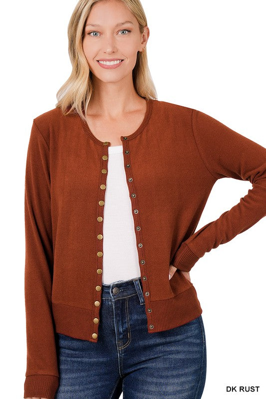 Crew Neck Snap button Soft Sweater Cardigan