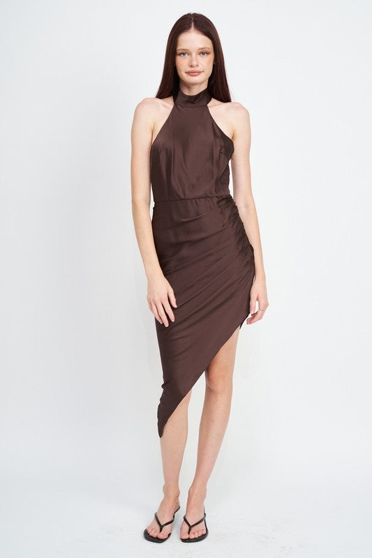 Asymmetrical Satin Halter Dress