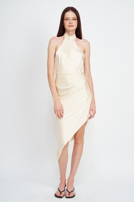 Asymmetrical Satin Halter Dress