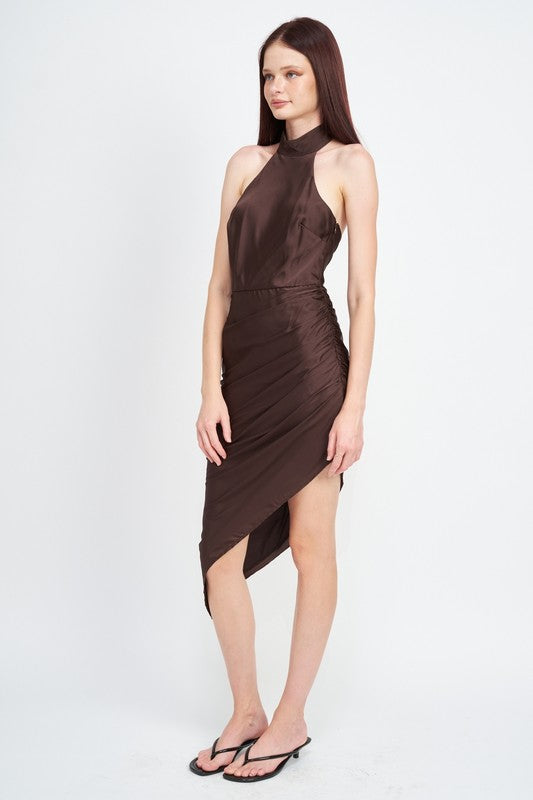 Asymmetrical Satin Halter Dress