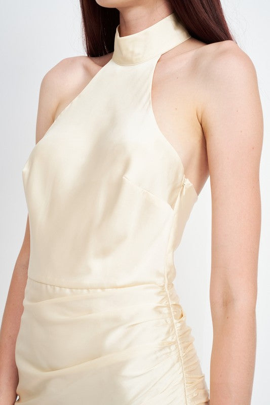 Asymmetrical Satin Halter Dress