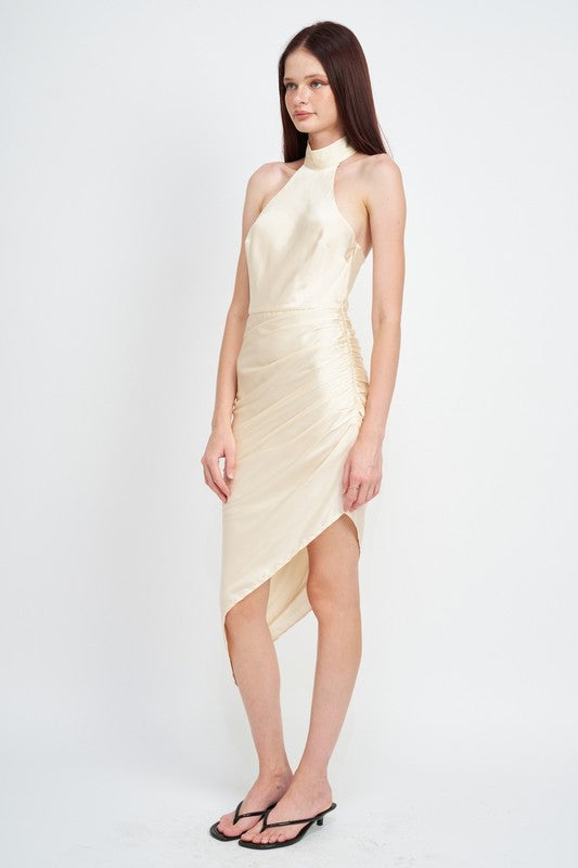 Asymmetrical Satin Halter Dress