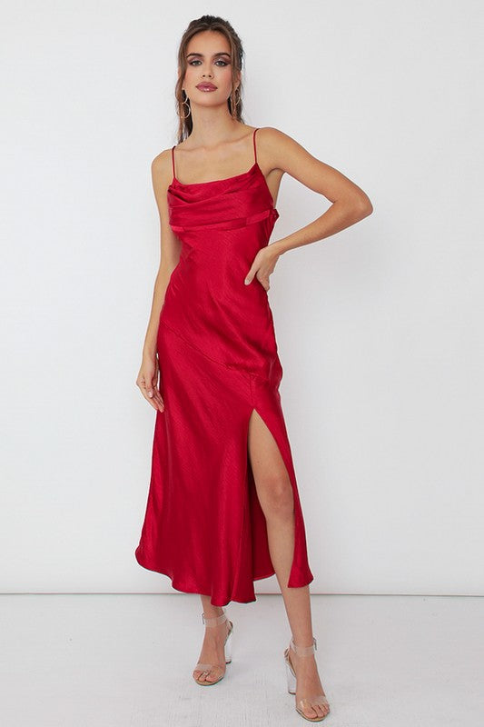 Satin Side Slit Evening Midi Dress