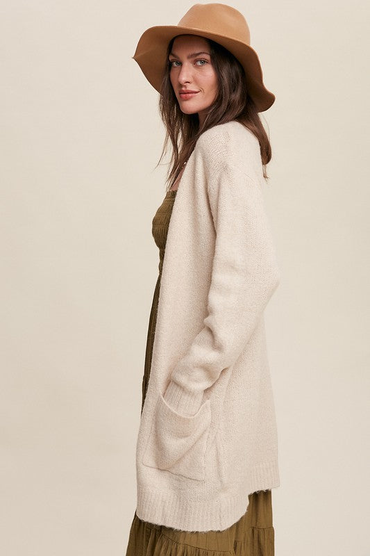 Two Pocket Open-Front Long Knit Cardigan