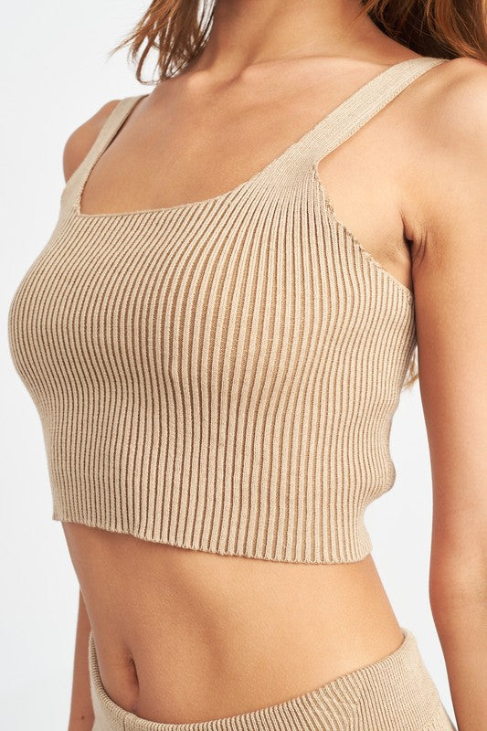 Knit Crop Square Neck Tank with Open Back Tie Detail