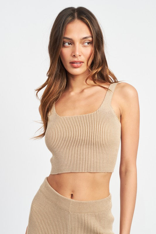 Knit Crop Square Neck Tank with Open Back Tie Detail