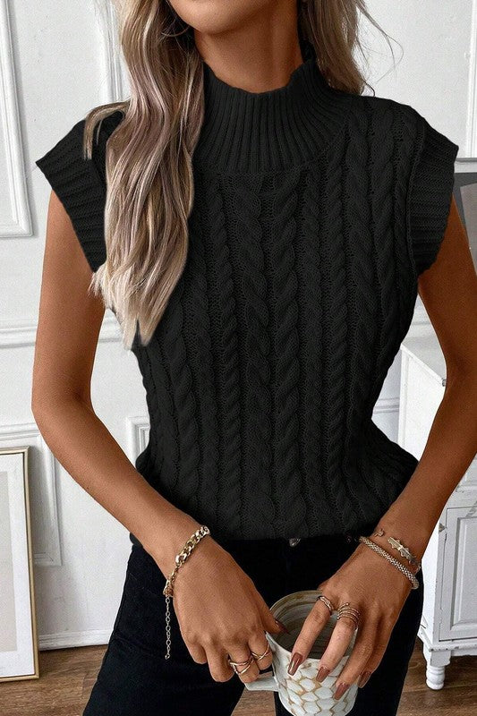 Black Ribbed Trim High Neck Knit Sweater Vest