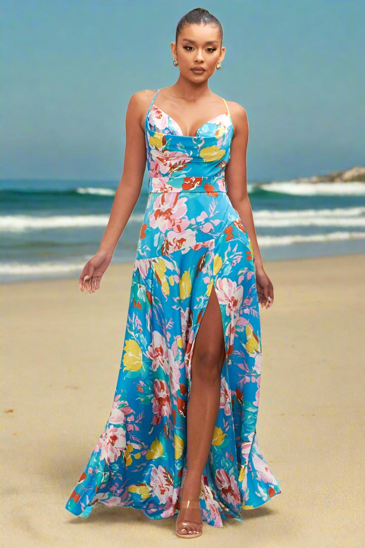 Blue Summer Floral Satin High Slit Maxi Dress