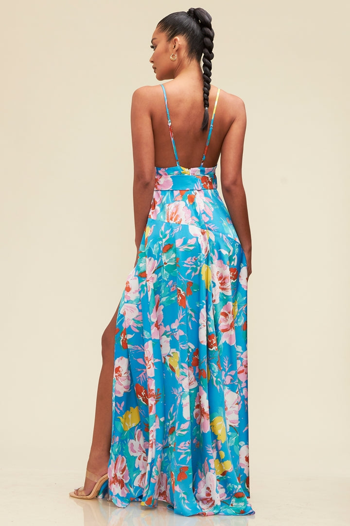 Blue Summer Floral Satin High Slit Maxi Dress