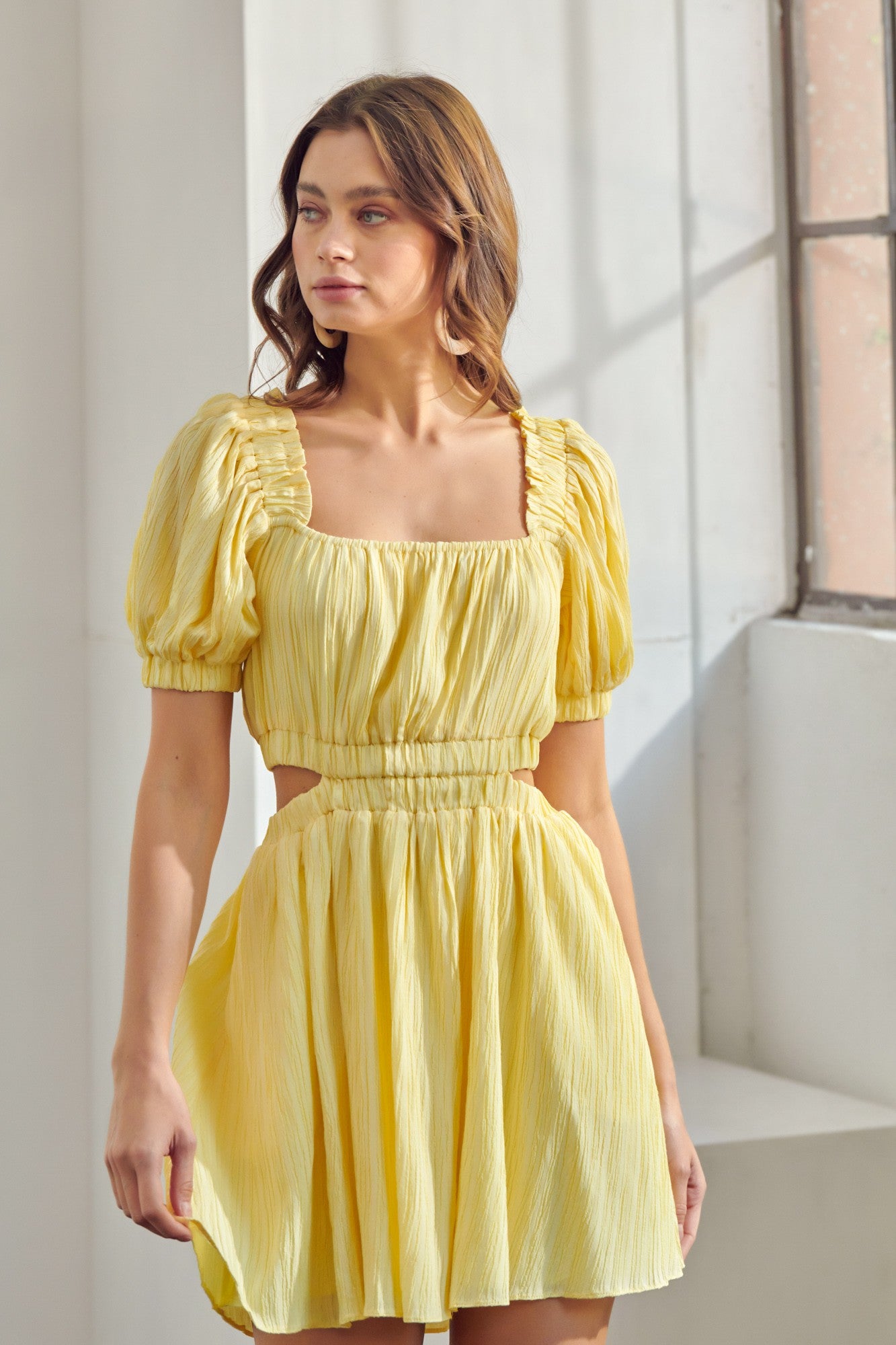 Puff Sleeve Yellow Cut Out Mini Dress