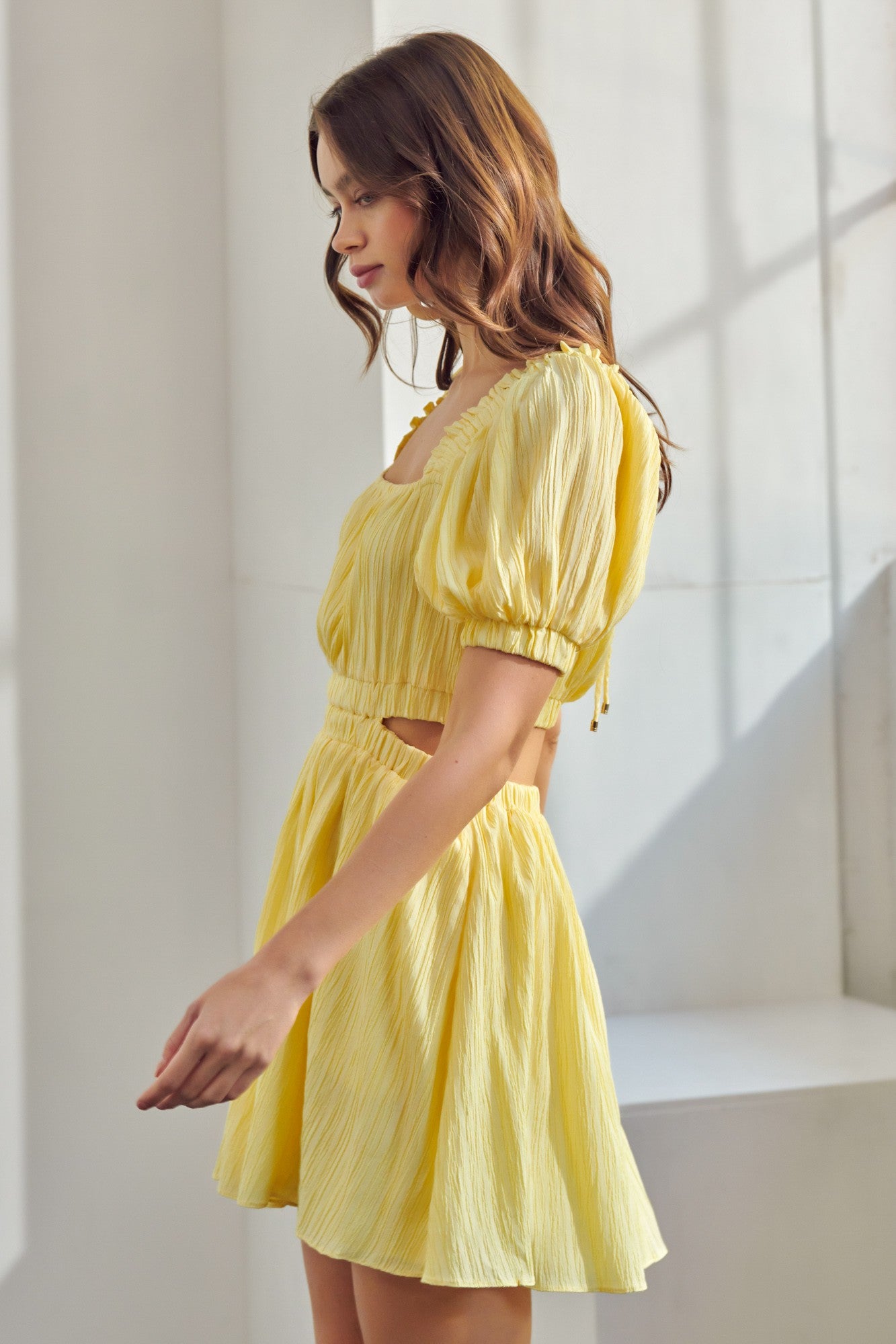 Puff Sleeve Yellow Cut Out Mini Dress