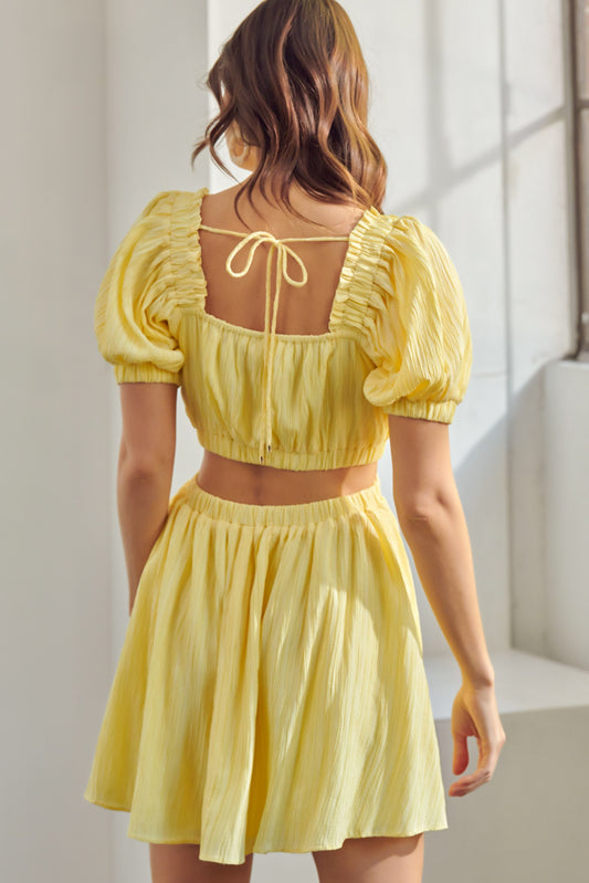 Puff Sleeve Yellow Cut Out Mini Dress