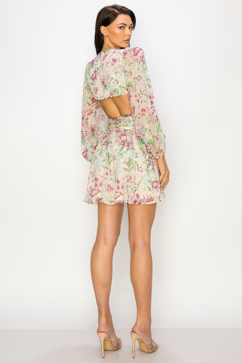 Floral Chiffon Long Sleeve Cut Out Dress