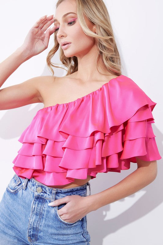 One Shoulder Ruffle Satin Tiered Top