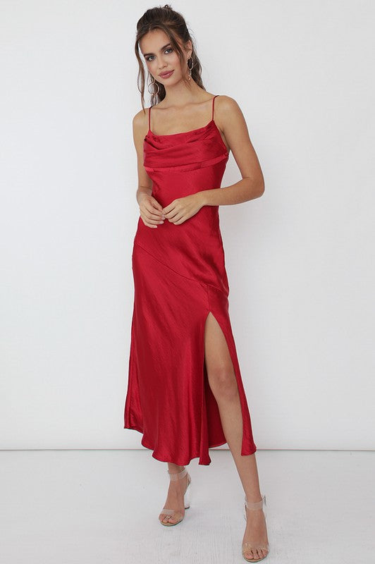 Satin Side Slit Evening Midi Dress